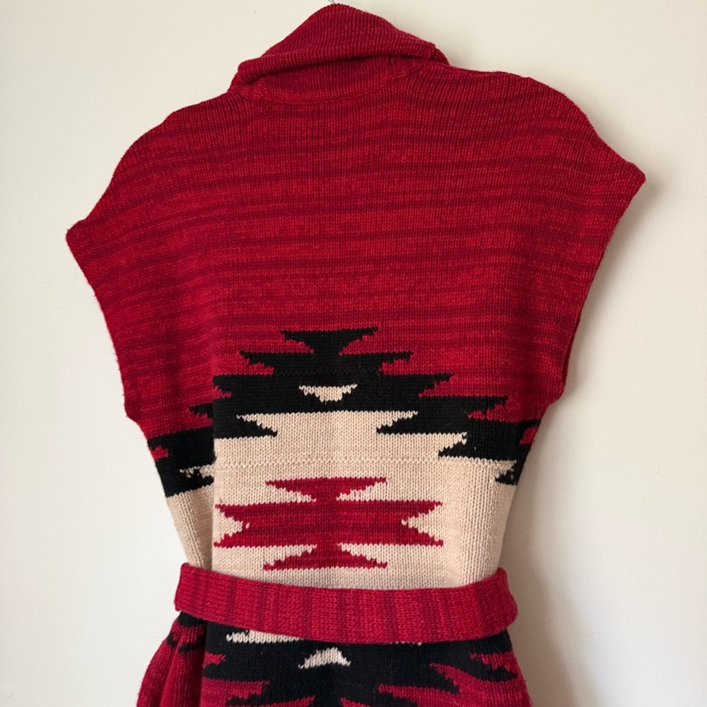 LRL Ralph Lauren Deep Red Native Tribal Aztec Sleeveless Knit Wrap Cardigan, S - Picture 11 of 16